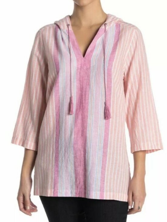 Tommy Bahama Tops - Tommy Bahama NEW Hoodie Top 3/4 Sleeve Baja Tunic Pullover Cotton Linen Women M